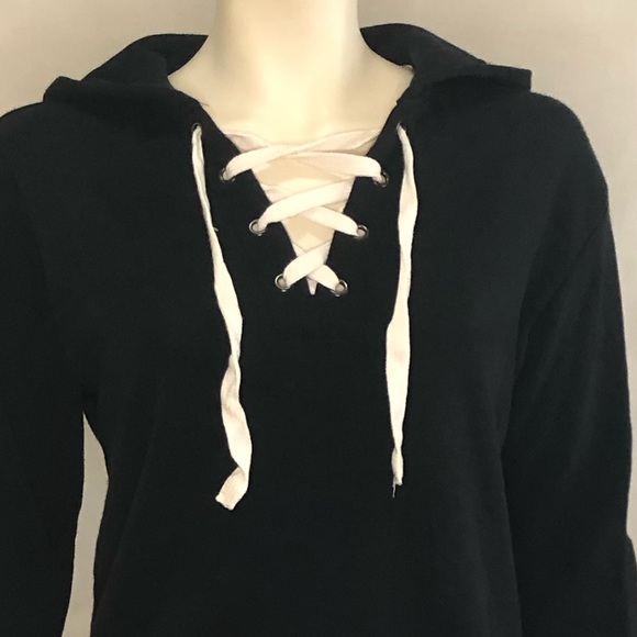 Woman’s black pull over hoodie with white laced front - Picture 2 of 13